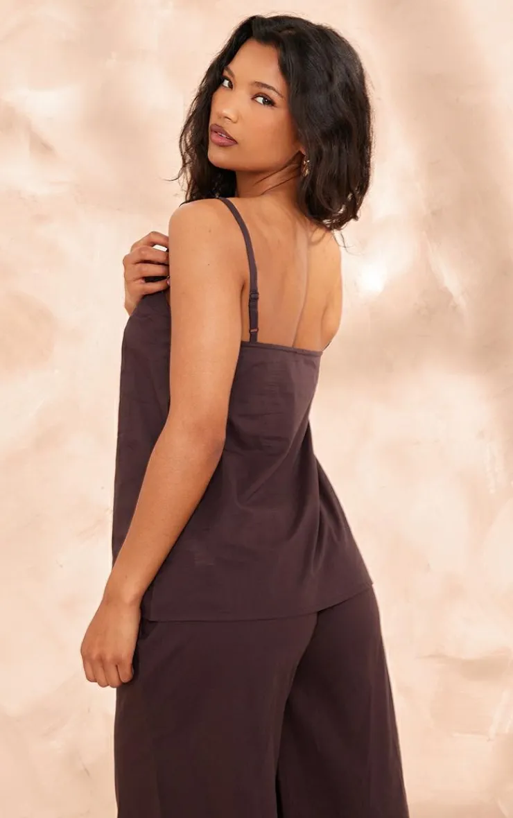 PrettyLittleThing Linen Look Longline Cami Top Chocolate Brown
