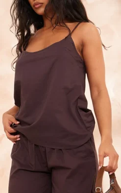 PrettyLittleThing Linen Look Longline Cami Top Chocolate Brown