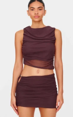 PrettyLittleThing Chocolate Brown Mesh Ruched Trim Detail Crop Top Choc Brown