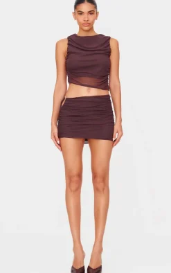 PrettyLittleThing Chocolate Brown Mesh Ruched Trim Detail Crop Top Choc Brown