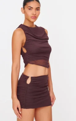 PrettyLittleThing Chocolate Brown Mesh Ruched Trim Detail Crop Top Choc Brown