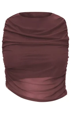 PrettyLittleThing Chocolate Brown Mesh Ruched Trim Detail Crop Top Choc Brown