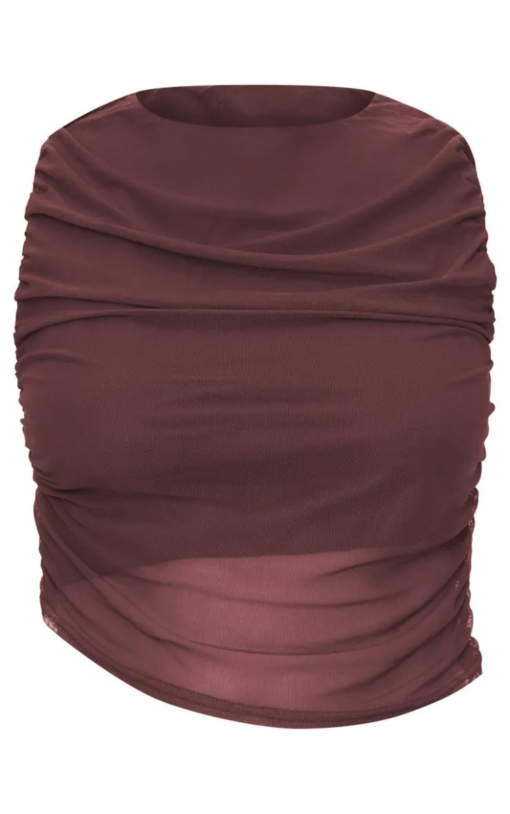PrettyLittleThing Chocolate Brown Mesh Ruched Trim Detail Crop Top Choc Brown