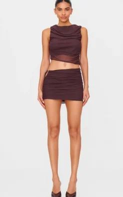 Online PrettyLittleThing Chocolate Brown Mesh Trim Detail Ruched Skirt Choc Brown