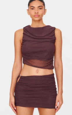 Online PrettyLittleThing Chocolate Brown Mesh Trim Detail Ruched Skirt Choc Brown