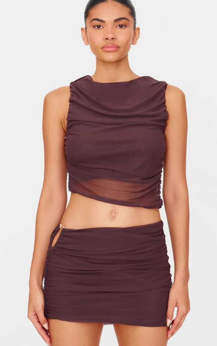 Online PrettyLittleThing Chocolate Brown Mesh Trim Detail Ruched Skirt Choc Brown