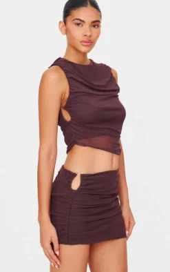 Online PrettyLittleThing Chocolate Brown Mesh Trim Detail Ruched Skirt Choc Brown