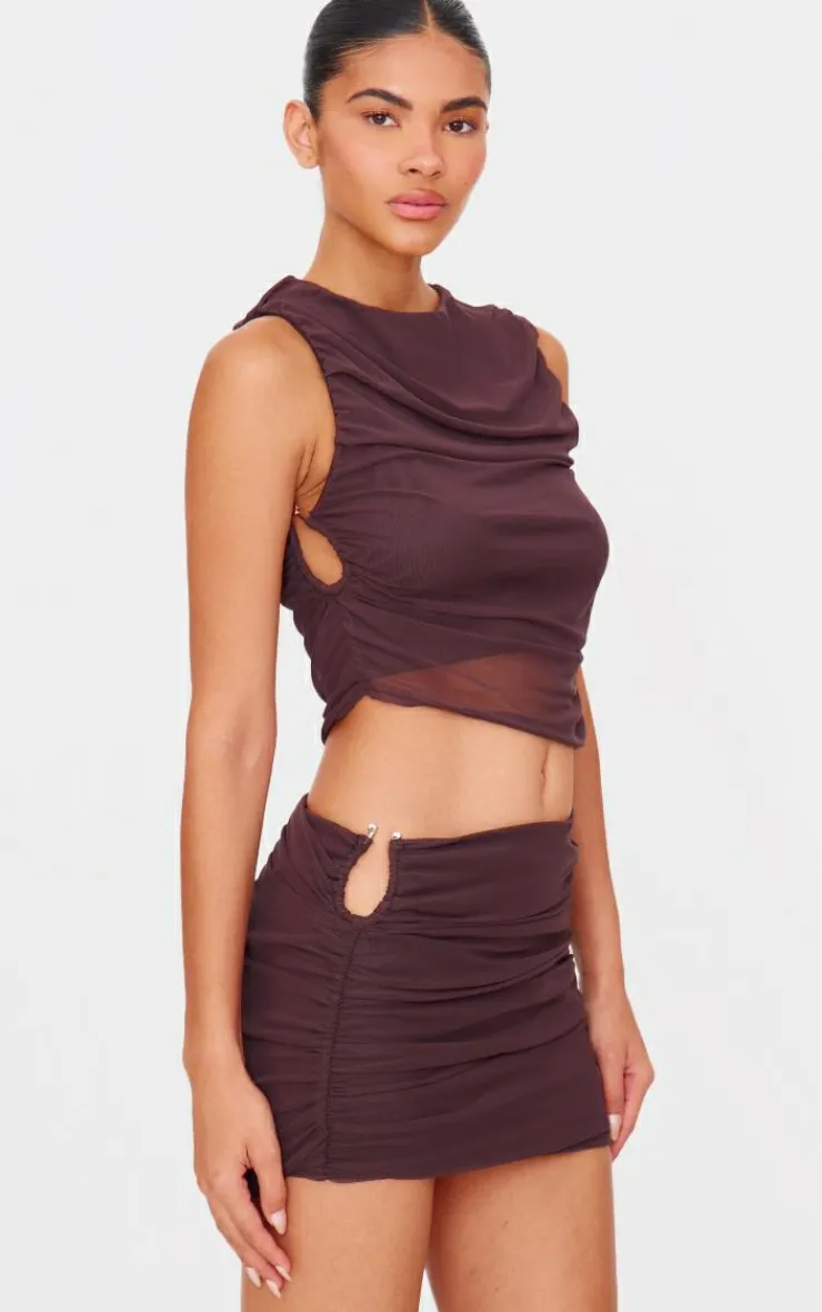 Online PrettyLittleThing Chocolate Brown Mesh Trim Detail Ruched Skirt Choc Brown