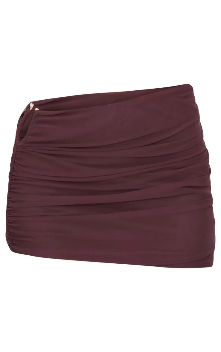 Online PrettyLittleThing Chocolate Brown Mesh Trim Detail Ruched Skirt Choc Brown