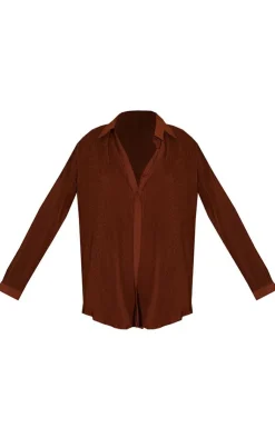 Online PrettyLittleThing Plisse Button Front Oversized Shirt Chocolate Brown