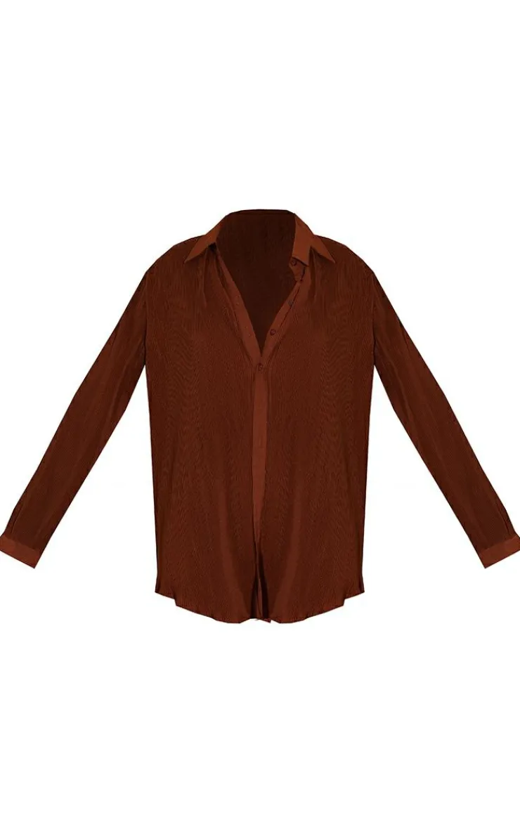 Online PrettyLittleThing Plisse Button Front Oversized Shirt Chocolate Brown