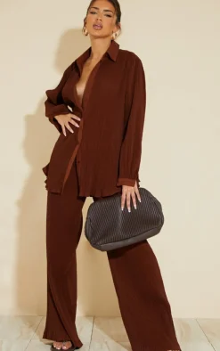 Discount PrettyLittleThing Plisse High Waisted Wide Leg Pants Chocolate Brown