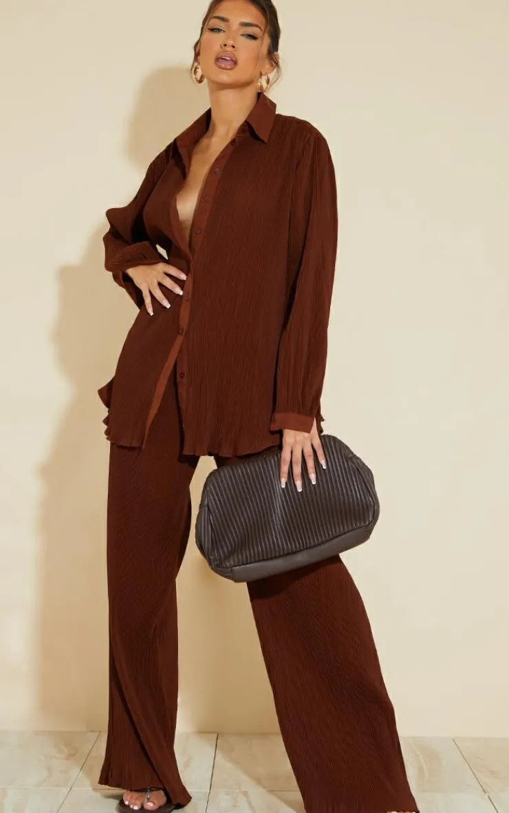 Discount PrettyLittleThing Plisse High Waisted Wide Leg Pants Chocolate Brown