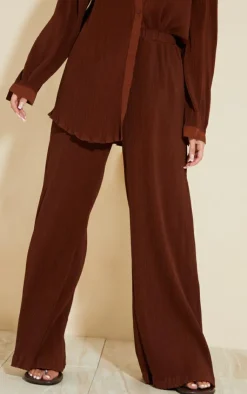 Discount PrettyLittleThing Plisse High Waisted Wide Leg Pants Chocolate Brown