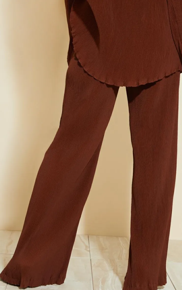 Discount PrettyLittleThing Plisse High Waisted Wide Leg Pants Chocolate Brown