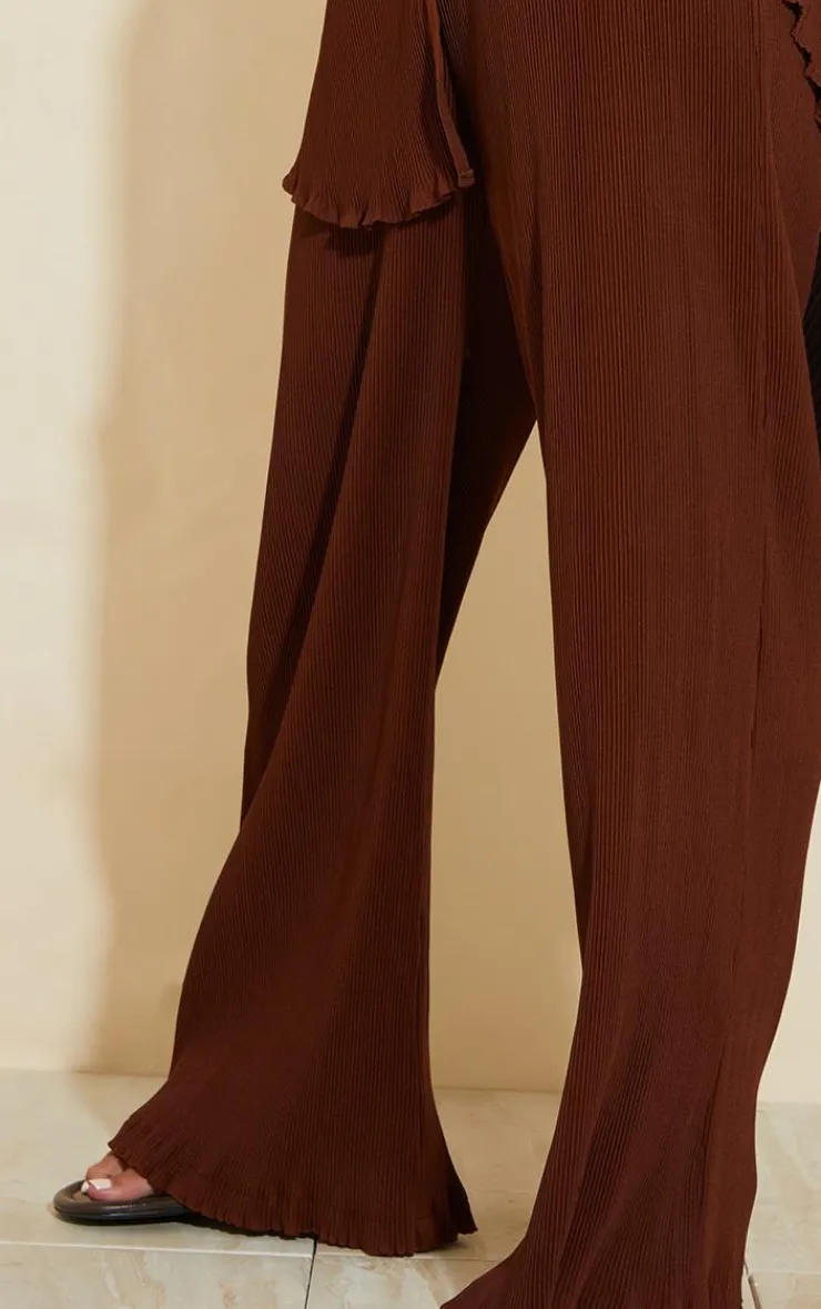 Discount PrettyLittleThing Plisse High Waisted Wide Leg Pants Chocolate Brown