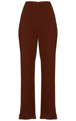 Discount PrettyLittleThing Plisse High Waisted Wide Leg Pants Chocolate Brown