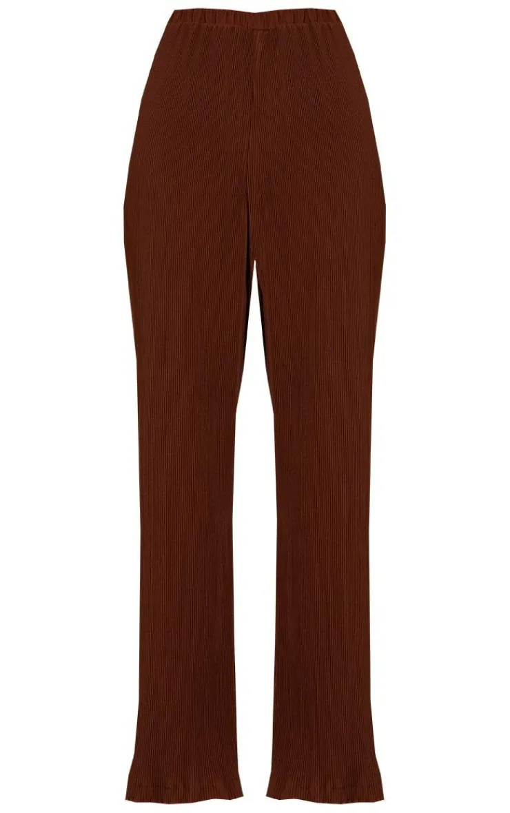 Discount PrettyLittleThing Plisse High Waisted Wide Leg Pants Chocolate Brown