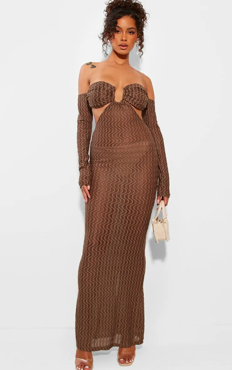 Ribbed Bardot Long Sleeve Cut Out Maxi Dress-PrettyLittleThing New