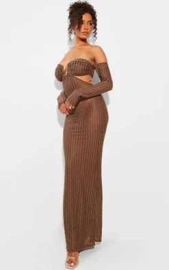 Ribbed Bardot Long Sleeve Cut Out Maxi Dress-PrettyLittleThing New