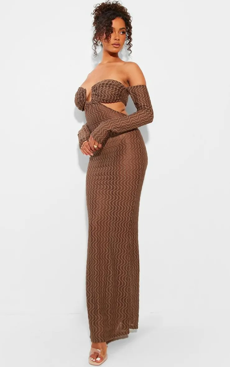 Ribbed Bardot Long Sleeve Cut Out Maxi Dress-PrettyLittleThing New