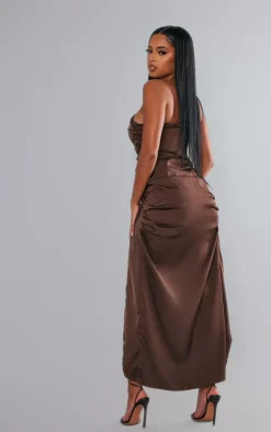 Satin One Shoulder Ruched Split Midaxi Dress-PrettyLittleThing New