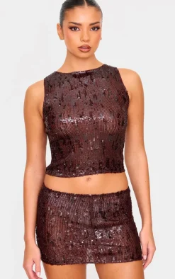 Best PrettyLittleThing Chocolate Brown Sequin Long Top Choc Brown
