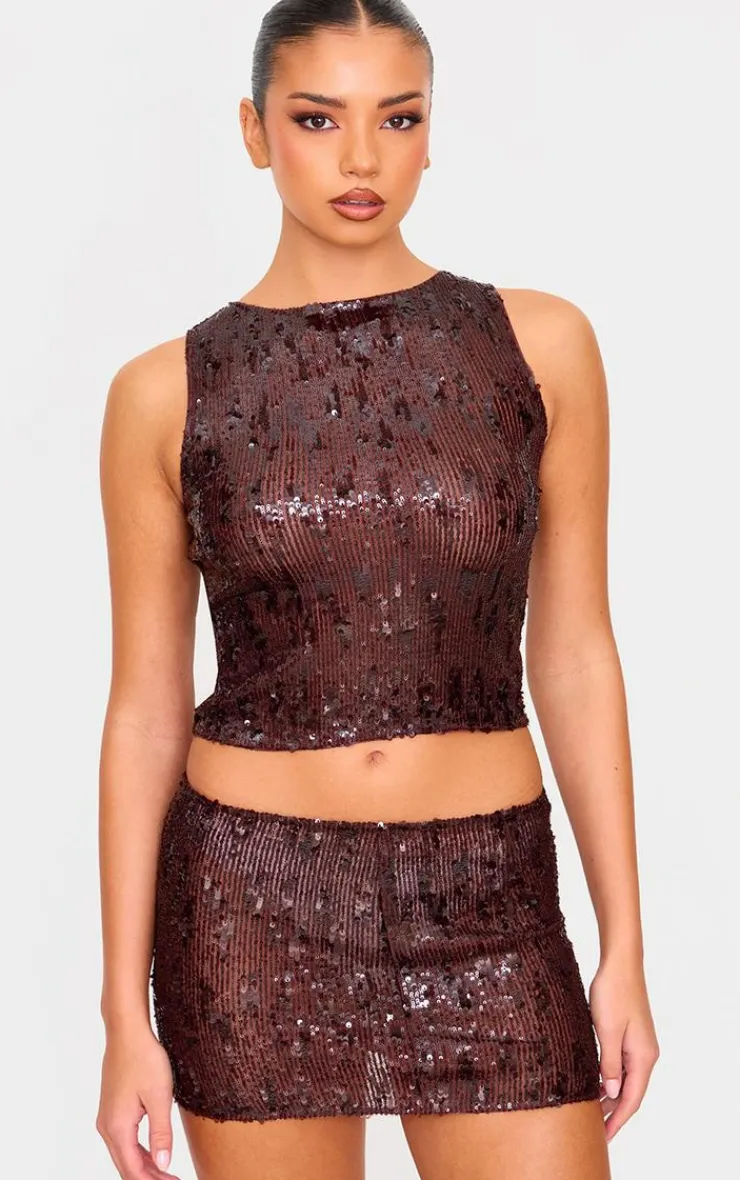 Best PrettyLittleThing Chocolate Brown Sequin Long Top Choc Brown