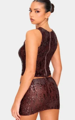 Best PrettyLittleThing Chocolate Brown Sequin Long Top Choc Brown
