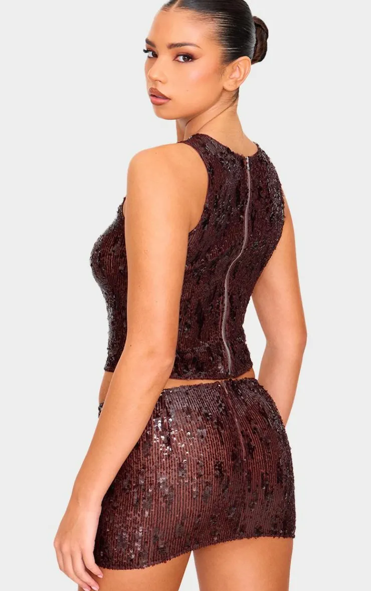Best PrettyLittleThing Chocolate Brown Sequin Long Top Choc Brown