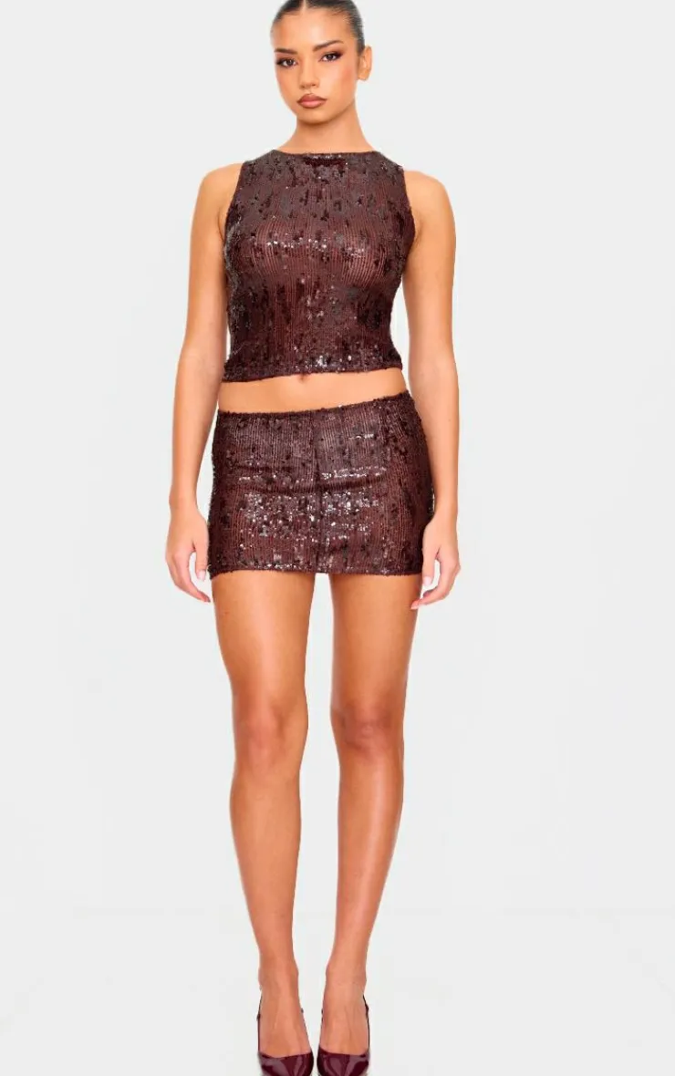 Best PrettyLittleThing Chocolate Brown Sequin Long Top Choc Brown