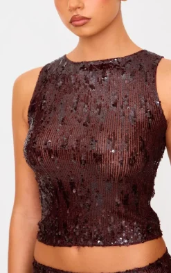 Best PrettyLittleThing Chocolate Brown Sequin Long Top Choc Brown