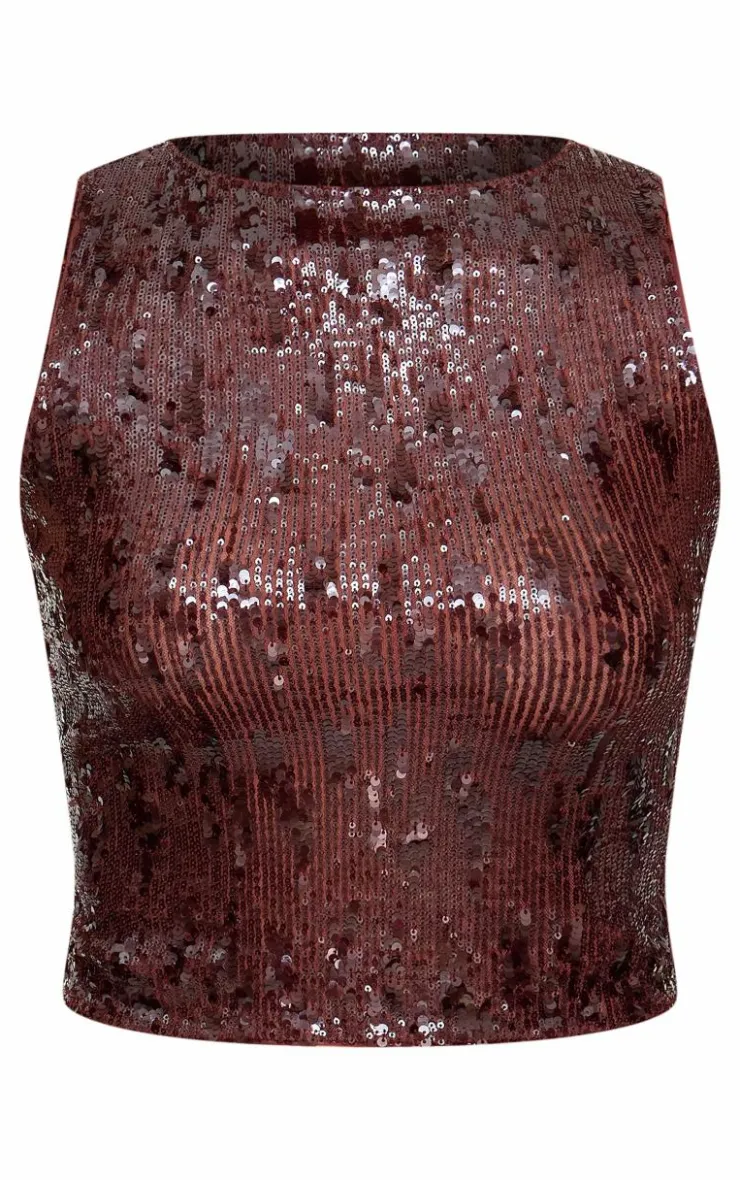 Best PrettyLittleThing Chocolate Brown Sequin Long Top Choc Brown