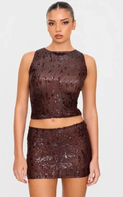 Clearance PrettyLittleThing Sequin Mini Skirt Chocolate Brown