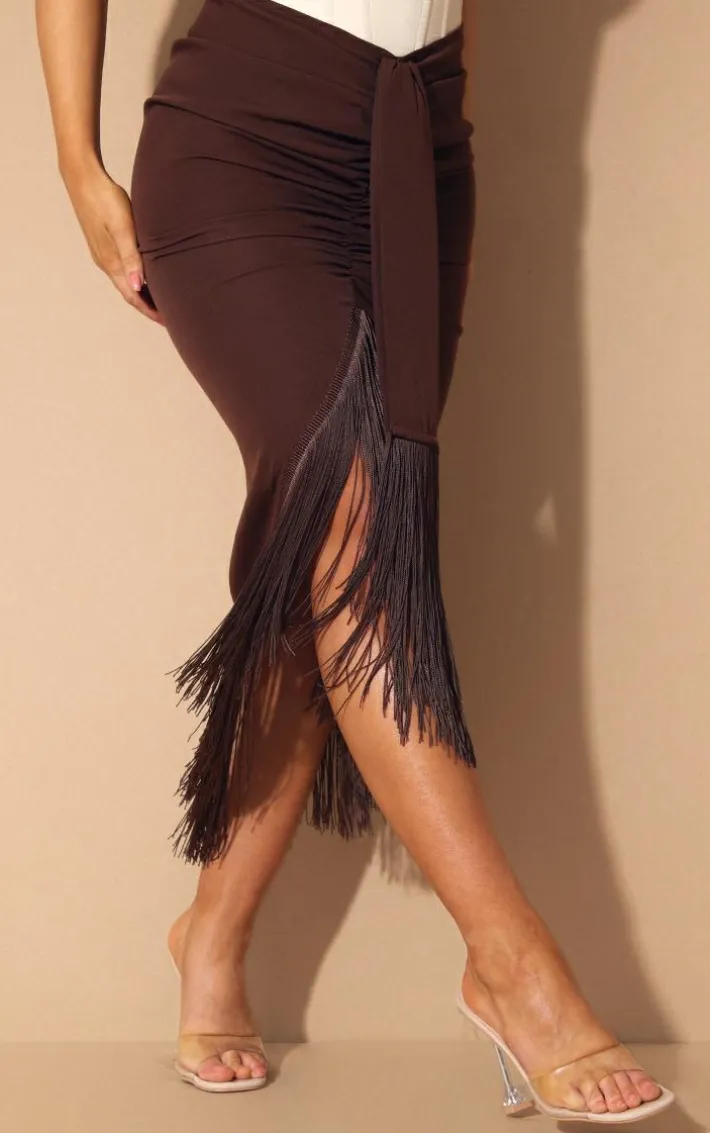 Chocolate Brown Tassel Hem Midi Skirt