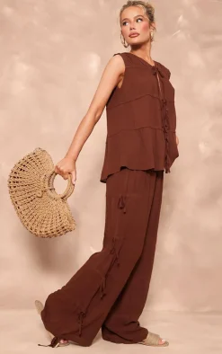 PrettyLittleThing Tie Detail Wide Leg Pants Chocolate Brown