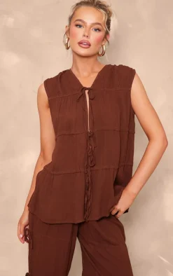 Online PrettyLittleThing Tie Detail Sleeveless Longline Top Chocolate Brown