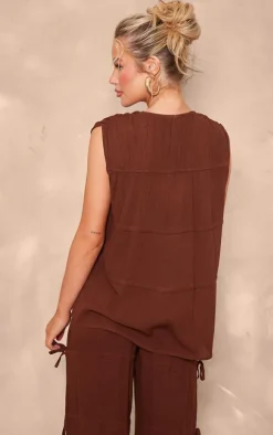 Online PrettyLittleThing Tie Detail Sleeveless Longline Top Chocolate Brown
