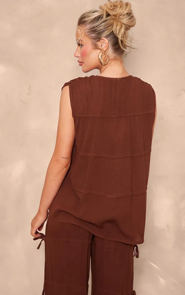 Online PrettyLittleThing Tie Detail Sleeveless Longline Top Chocolate Brown