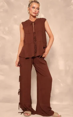 Online PrettyLittleThing Tie Detail Sleeveless Longline Top Chocolate Brown