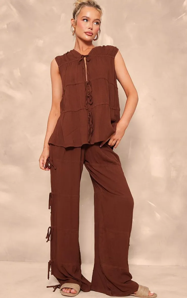Online PrettyLittleThing Tie Detail Sleeveless Longline Top Chocolate Brown