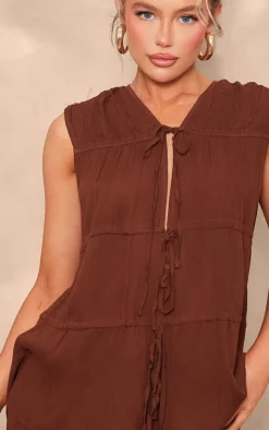 Online PrettyLittleThing Tie Detail Sleeveless Longline Top Chocolate Brown