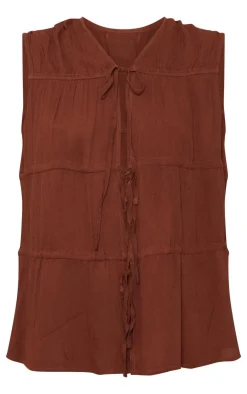 Online PrettyLittleThing Tie Detail Sleeveless Longline Top Chocolate Brown