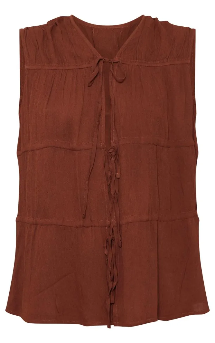 Online PrettyLittleThing Tie Detail Sleeveless Longline Top Chocolate Brown
