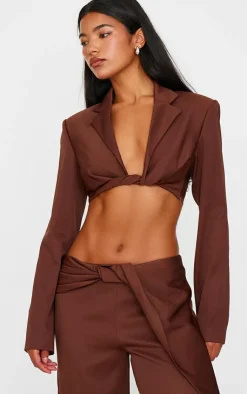 Best PrettyLittleThing Twist Detail Long Sleeve Cropped Blazer Chocolate Brown
