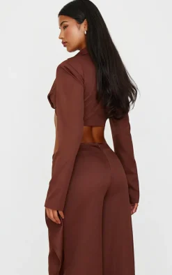 Best PrettyLittleThing Twist Detail Long Sleeve Cropped Blazer Chocolate Brown