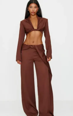 Best PrettyLittleThing Twist Detail Long Sleeve Cropped Blazer Chocolate Brown