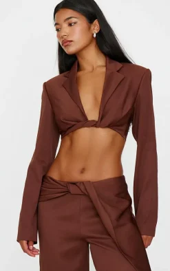 Best PrettyLittleThing Twist Detail Long Sleeve Cropped Blazer Chocolate Brown