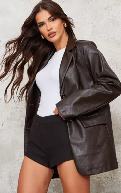 Chocolate Brown Washed PU Pocket Oversized Blazer