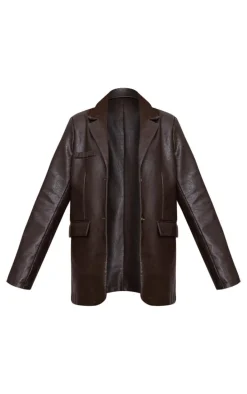Chocolate Brown Washed PU Pocket Oversized Blazer